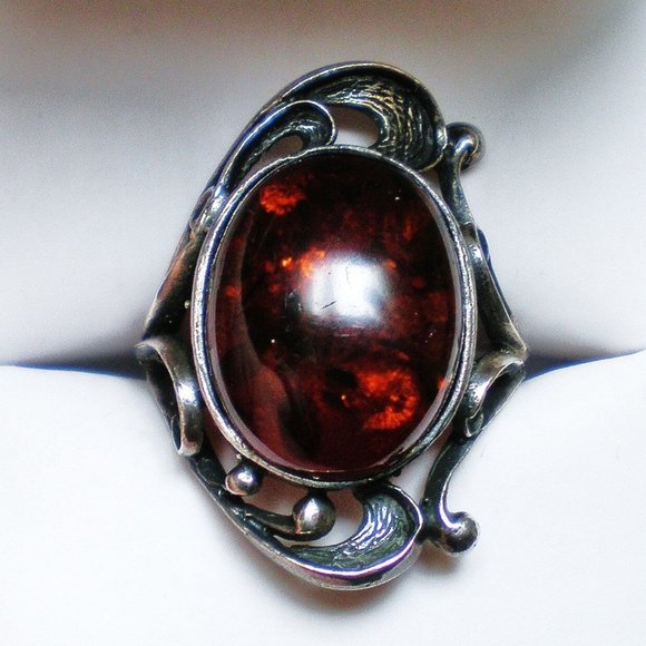 Jewelry - Vintage Solid Sterling Silver 925 Baltic Dark Honey Amber Cocktail Dinner Ring